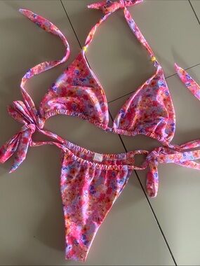 Pink Floral Tie-Side Triangle Bikini Set
